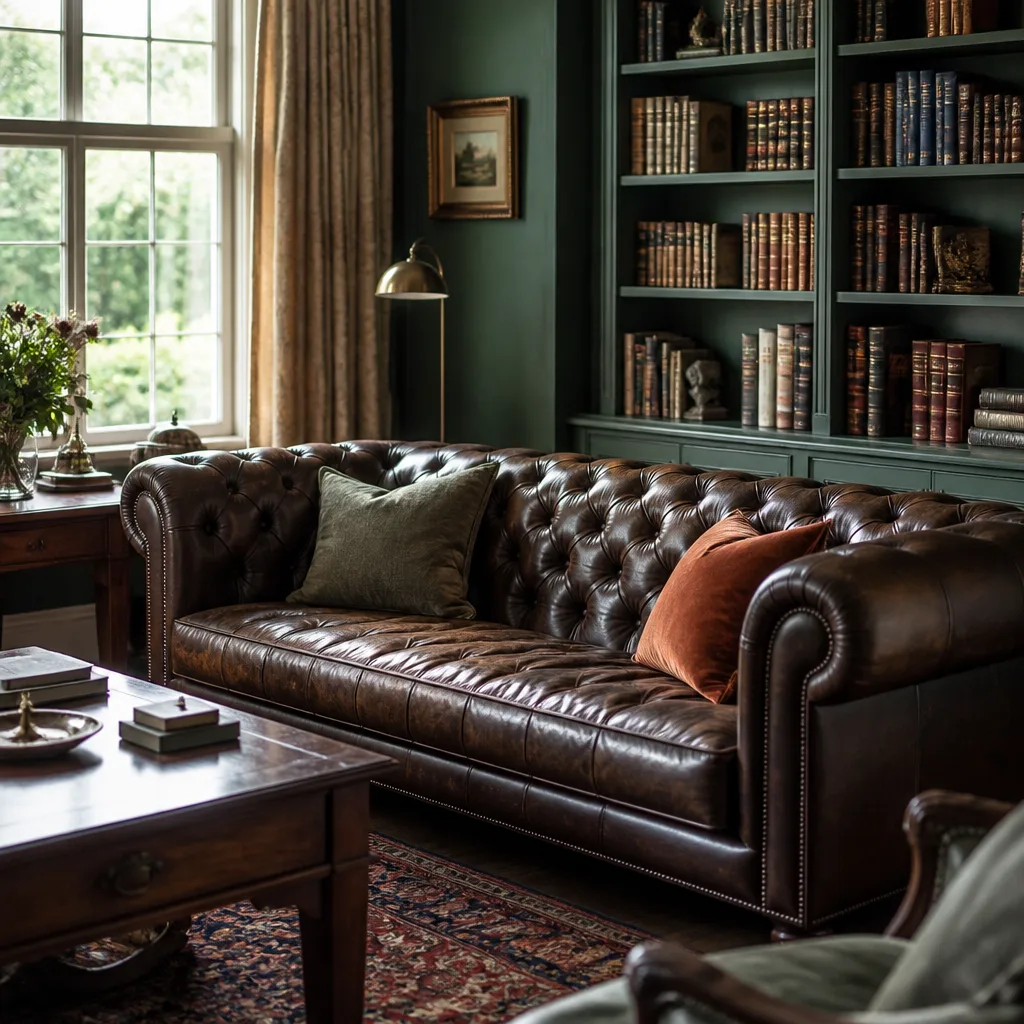 Classic deep brown leather chesterfield sofa with button tufting in a traditional study with bookshelves