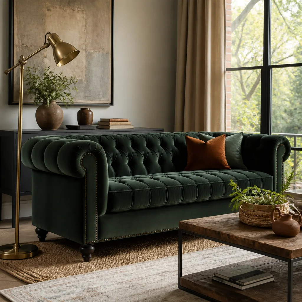 Deep green velvet chesterfield sofa with button back in a contemporary living room with brass floor lamp