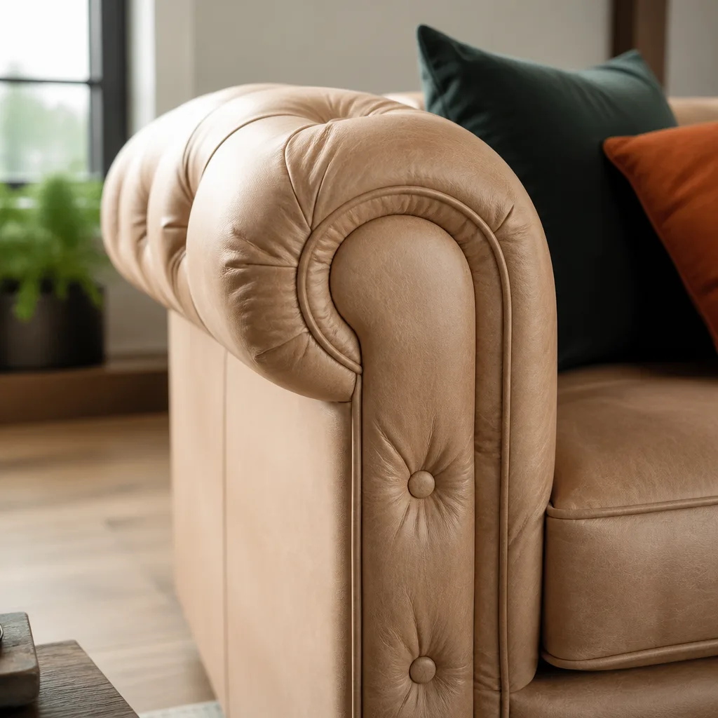 Close-up of button tufting detail on a tan leather chesterfield sofa arm, natural light