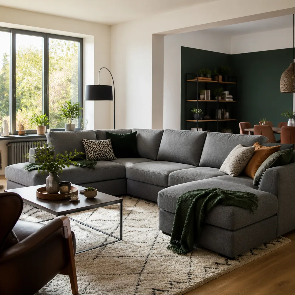Grey L-shaped corner sofa in a bright open-plan living room with a rug and coffee table, afternoon light