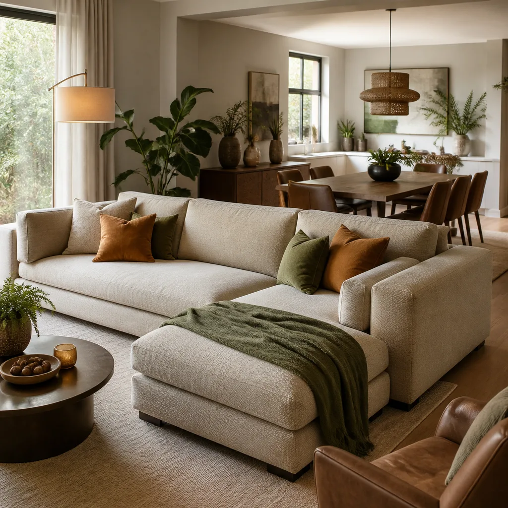 Corner sofa in warm oatmeal fabric dividing a living area from a dining area in an open-plan apartment