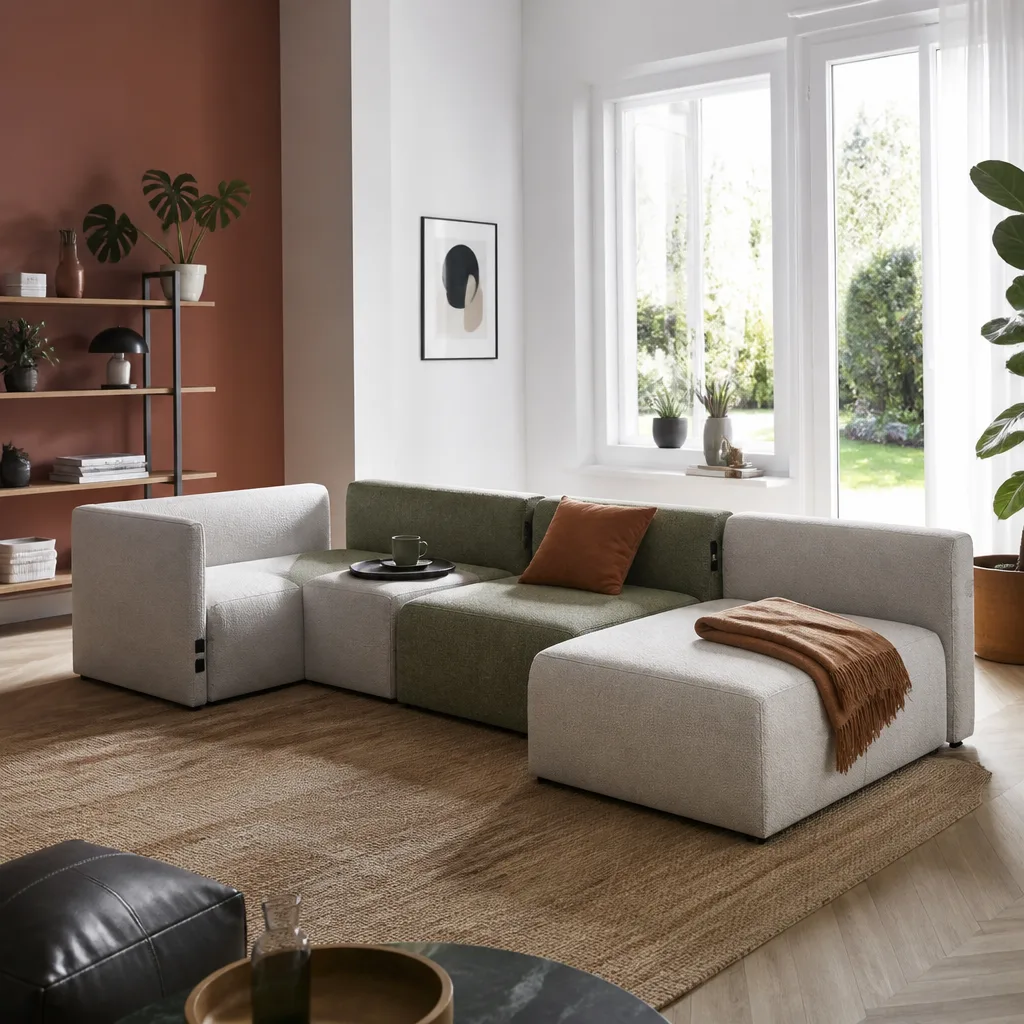 Modular corner sofa units being rearranged into a smaller L-shape in a bright apartment living room