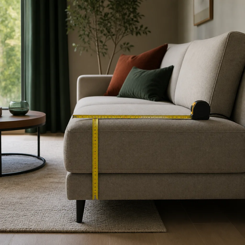 Seitenansicht eines Sofasitzkissens mit Maßband, das Sitztiefe und Sitzhöhe zeigt