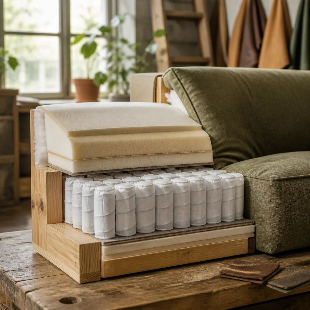 Querschnittsartige Aufnahme von Sofasitzkissenschaum und freiliegenden Taschenfedern während der Polsterarbeit
