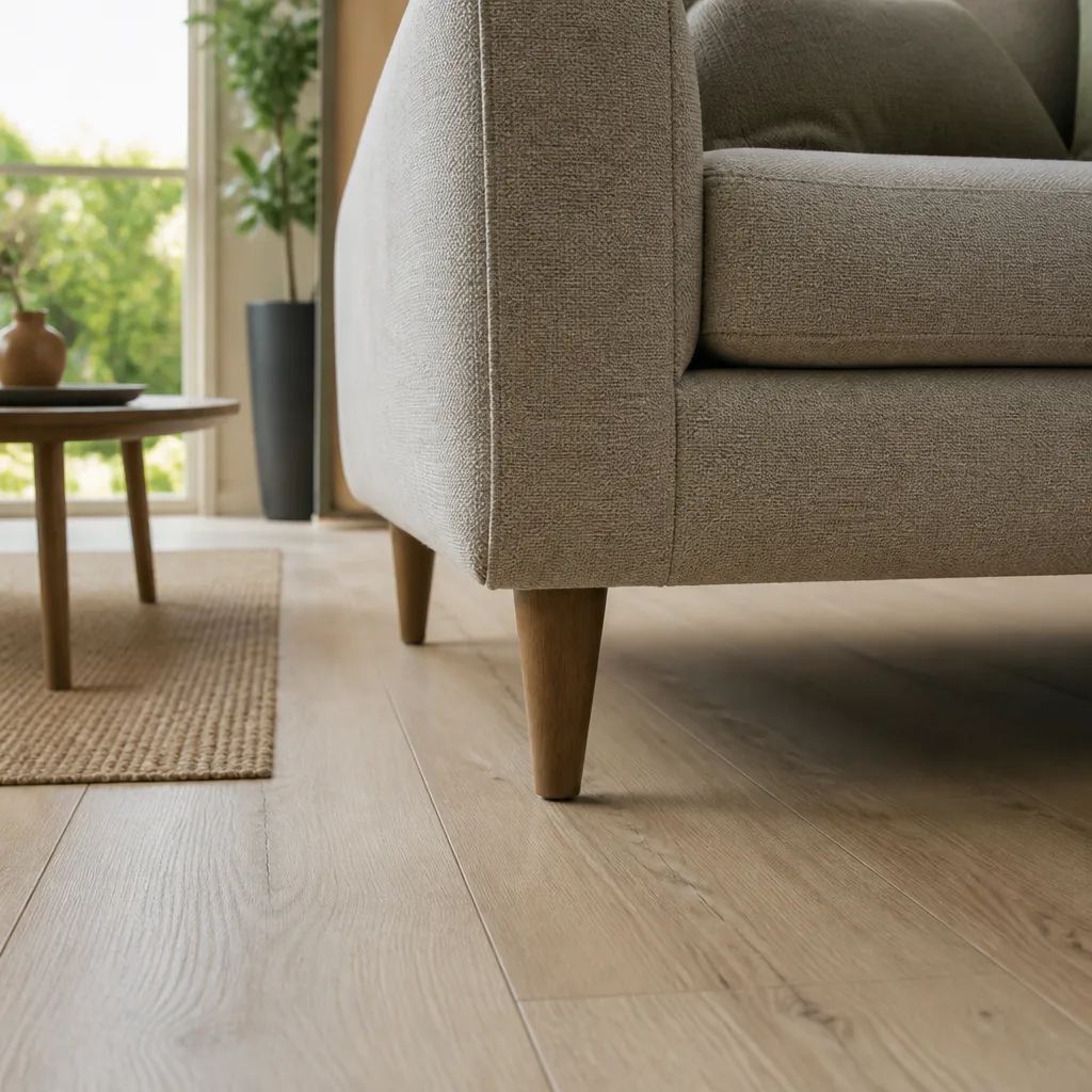 Nahaufnahme konisch zulaufender Holzbeine eines Sofas über einem hellen Holzboden in einem minimalistischen Wohnzimmer