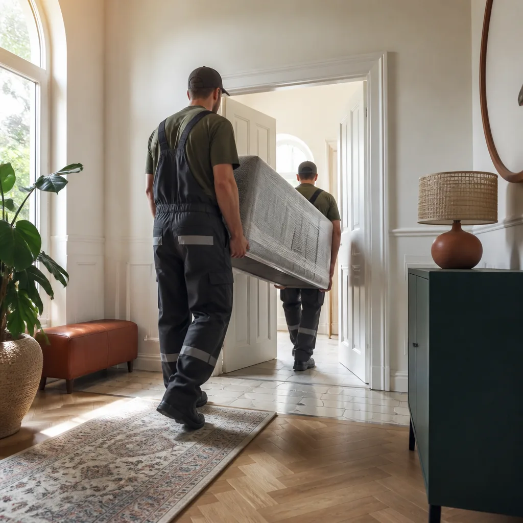 Liefermannschaft trägt ein eingepacktes Sofaelement durch eine Tür in einen lichtdurchfluteten Flur