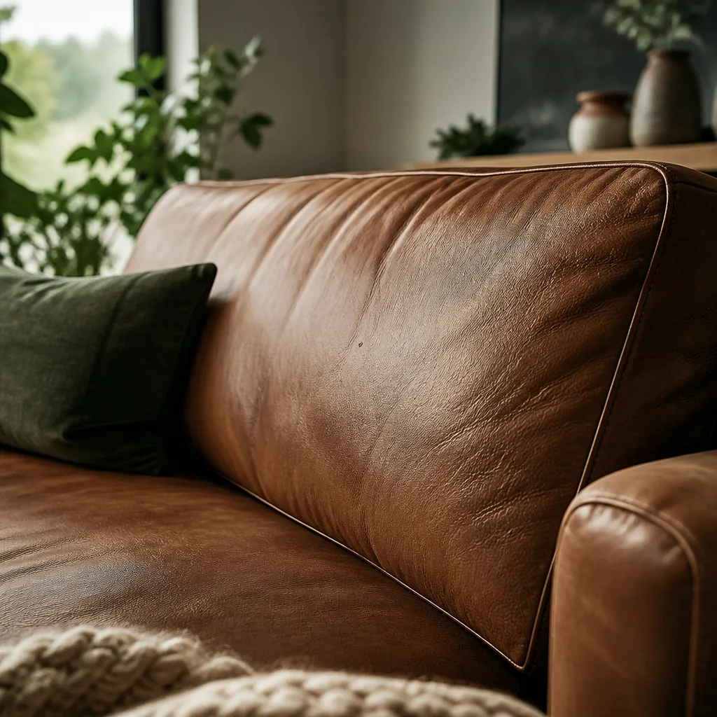 Close-up of full-grain leather sofa armrest showing natural texture and subtle grain in warm brown tone, soft daylight