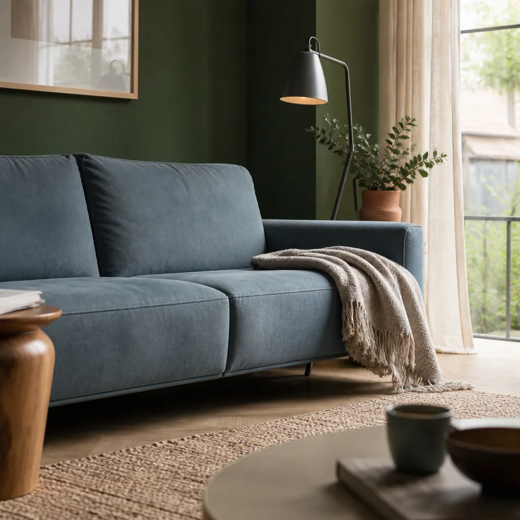 Suede sofa in dusty blue in a bright reading corner with a floor lamp and woven throw
