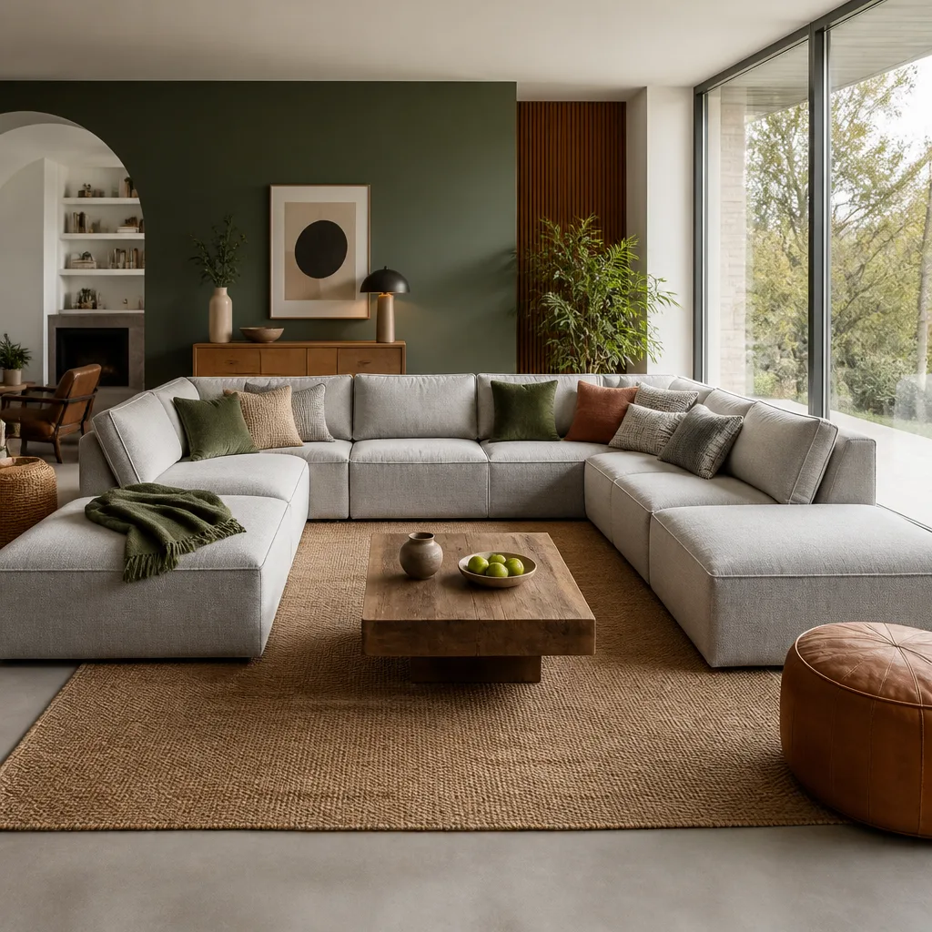 Modulares Sektionalsofa in hellgrauem Stoff in U-Form angeordnet in einem geräumigen Wohnzimmer, natürliches Licht