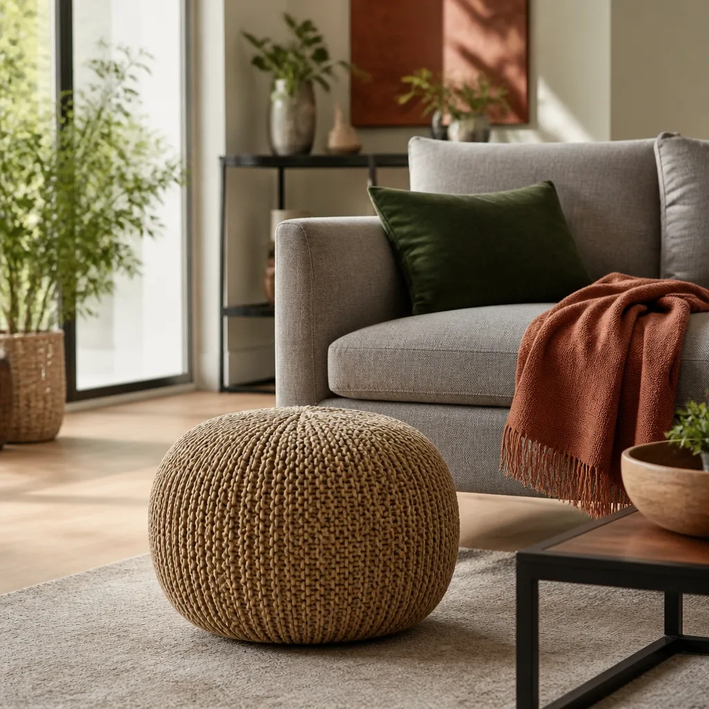 Runder gestrickter Pouf in warmem Beige neben einem grauen Stoffsofa in einem hellen Wohnzimmer