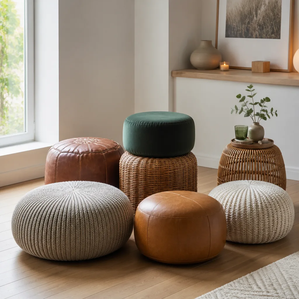 Sammlung von Poufs aus Leder, dickem Strickwollstoff und geflochtenem Rattan in einer hellen Raumecke arrangiert