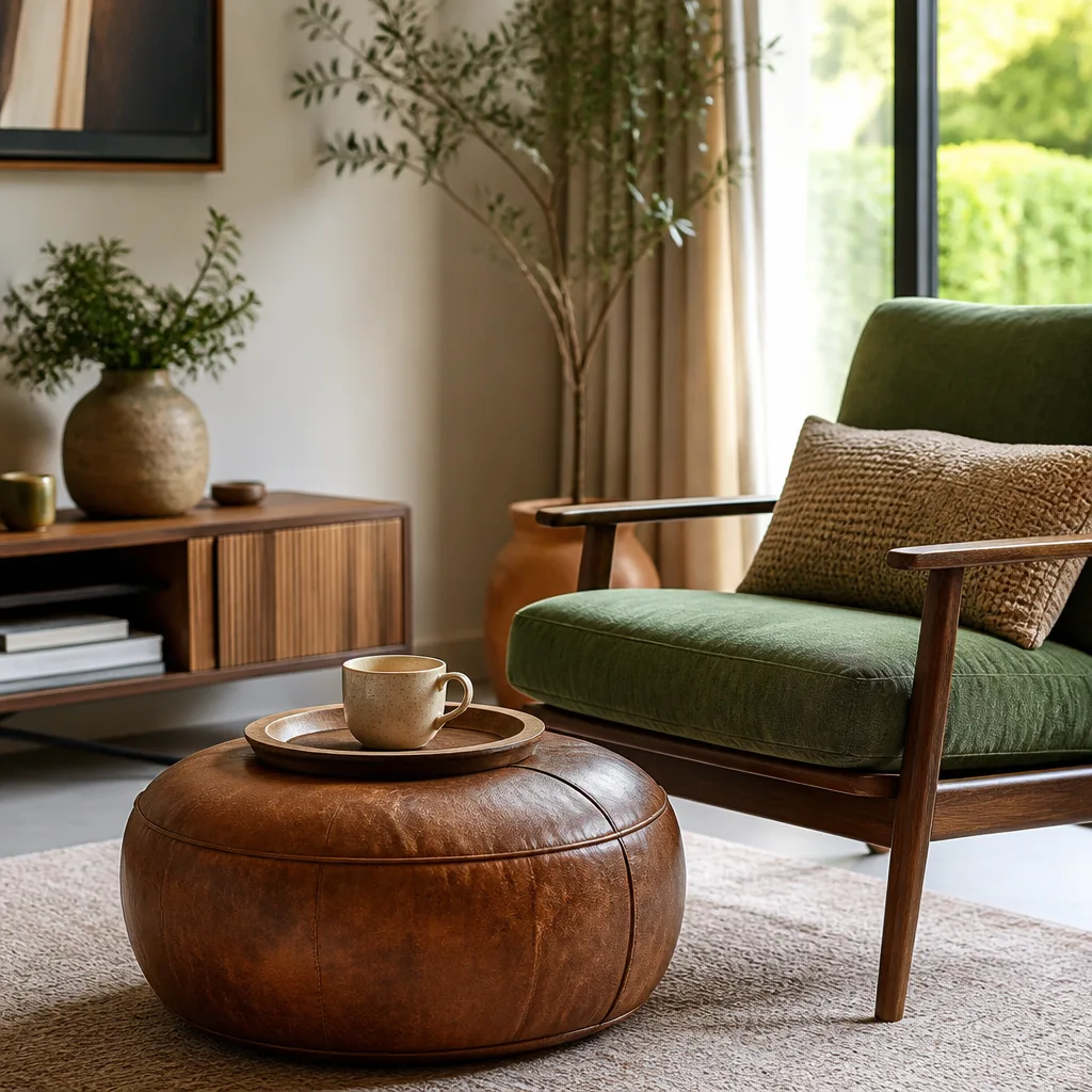 Runder Leder Pouf wird als Fußablage vor einem Mid-Century Sessel genutzt, mit einer Kaffeetasse auf einem Tablett darauf