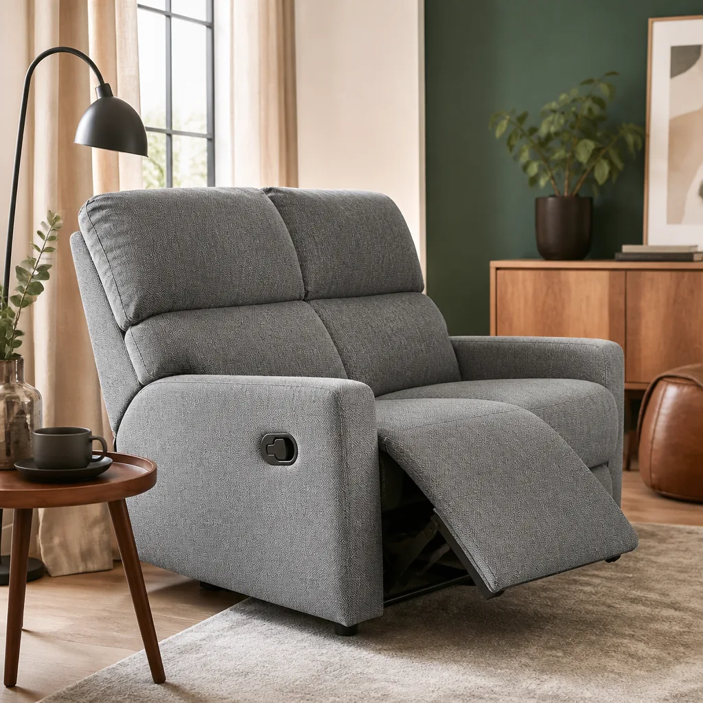 Graues Stoff Relaxsofa mit ausgefahrener Fußstütze in einem hellen Wohnzimmer mit Beistelltisch und Leselampe
