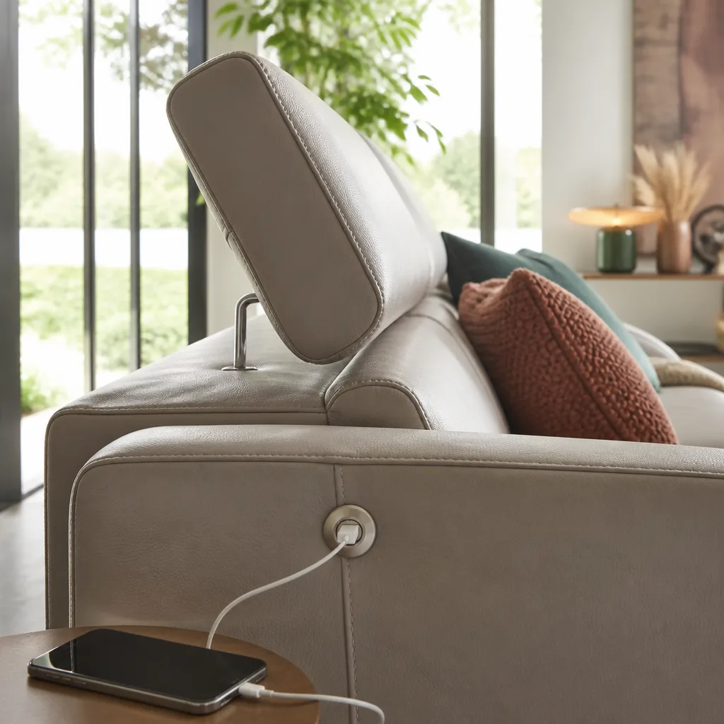 Nahaufnahme einer Relaxsofa Armlehne mit USB Ladeanschluss und verstellbarem Kopfstützenmechanismus