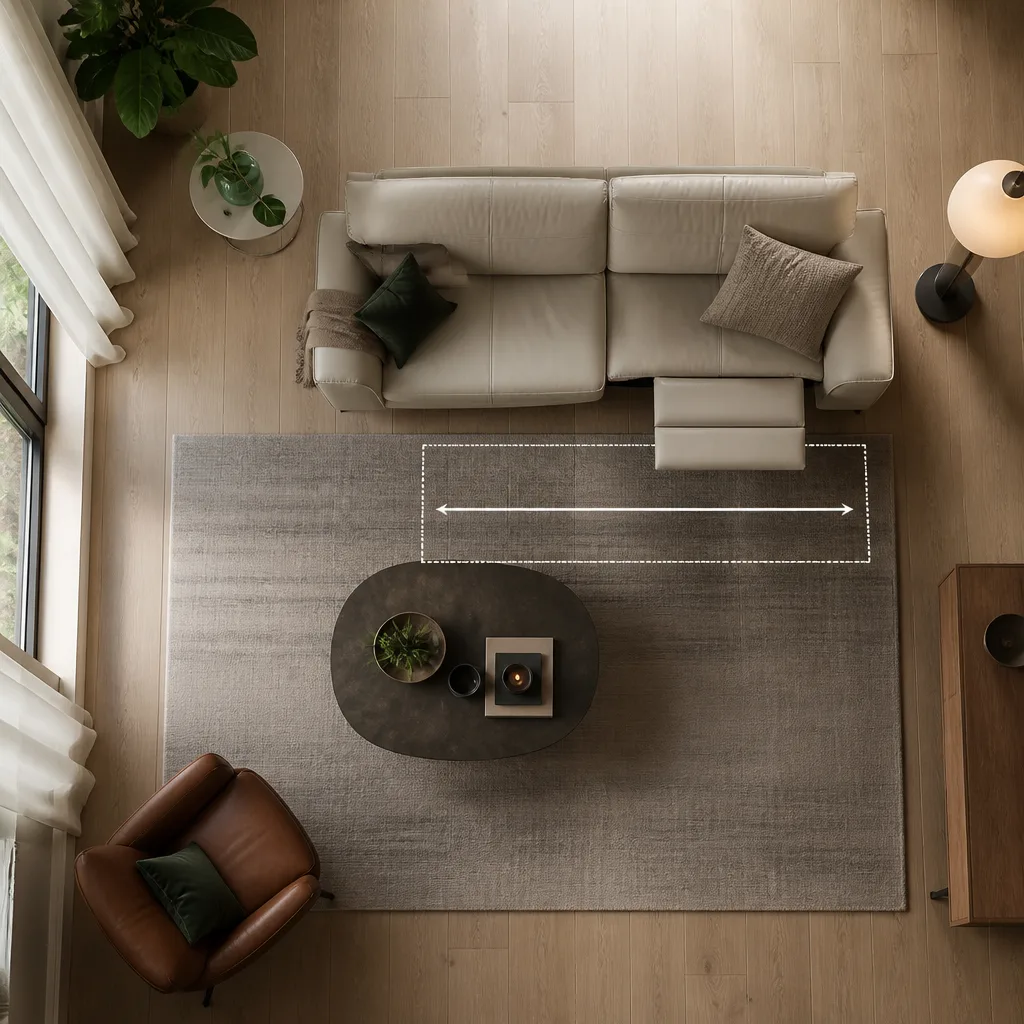 Wohnzimmer Grundrissansicht zeigt ein Relaxsofa mit Wandabstand und markiertem Freiraum davor