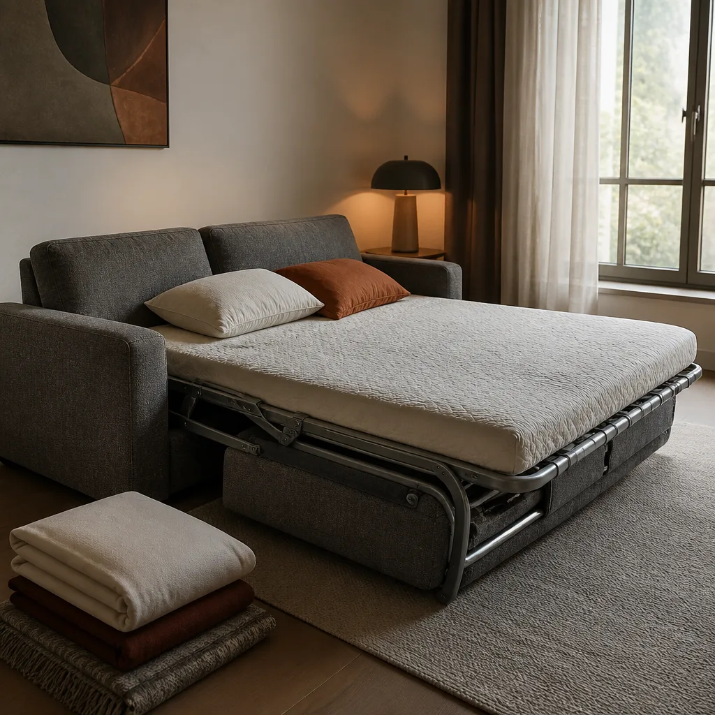 Graues Stoff Bettkasten Schlafsofa halb ausgeklappt in einem kleinen Gästezimmer, gefaltete Bettwäsche daneben gestapelt, weiches Abendlicht