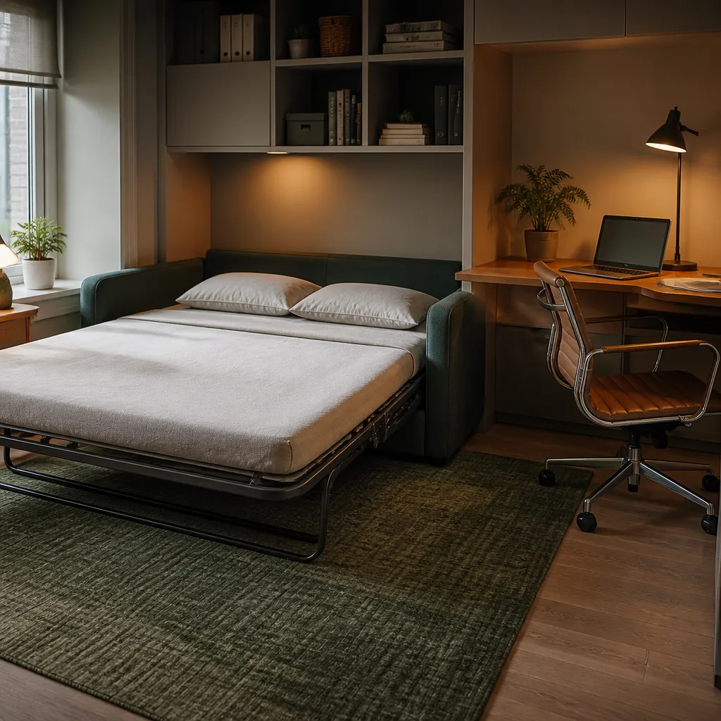 Kompaktes Ausklapp Schlafsofa nachts vollständig ausgezogen in einem Homeoffice, Schreibtisch an die Wand geschoben, warmes Lampenlicht