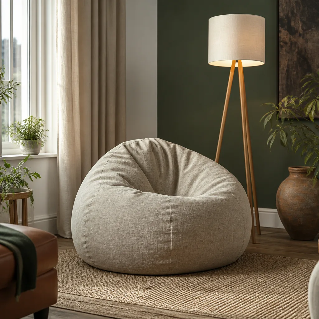 Large round bean bag chair in a natural linen cover next to a floor lamp in a bright living room corner