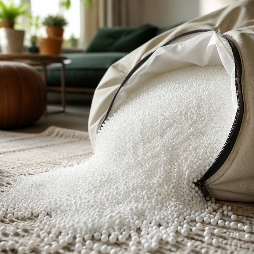 Close up of white expanded polystyrene beads spilling from an open inner liner of a bean bag