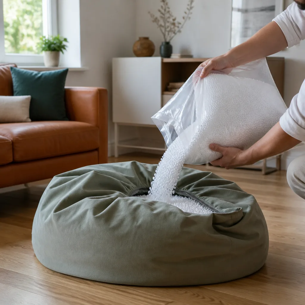 Person topping up a bean bag chair with a bag of fresh EPS beads on a wooden floor
