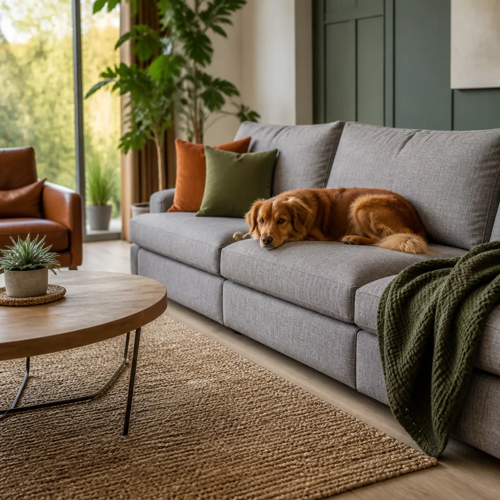 Family living room with a dog resting on a durable woven grey fabric sofa with removable cushion covers