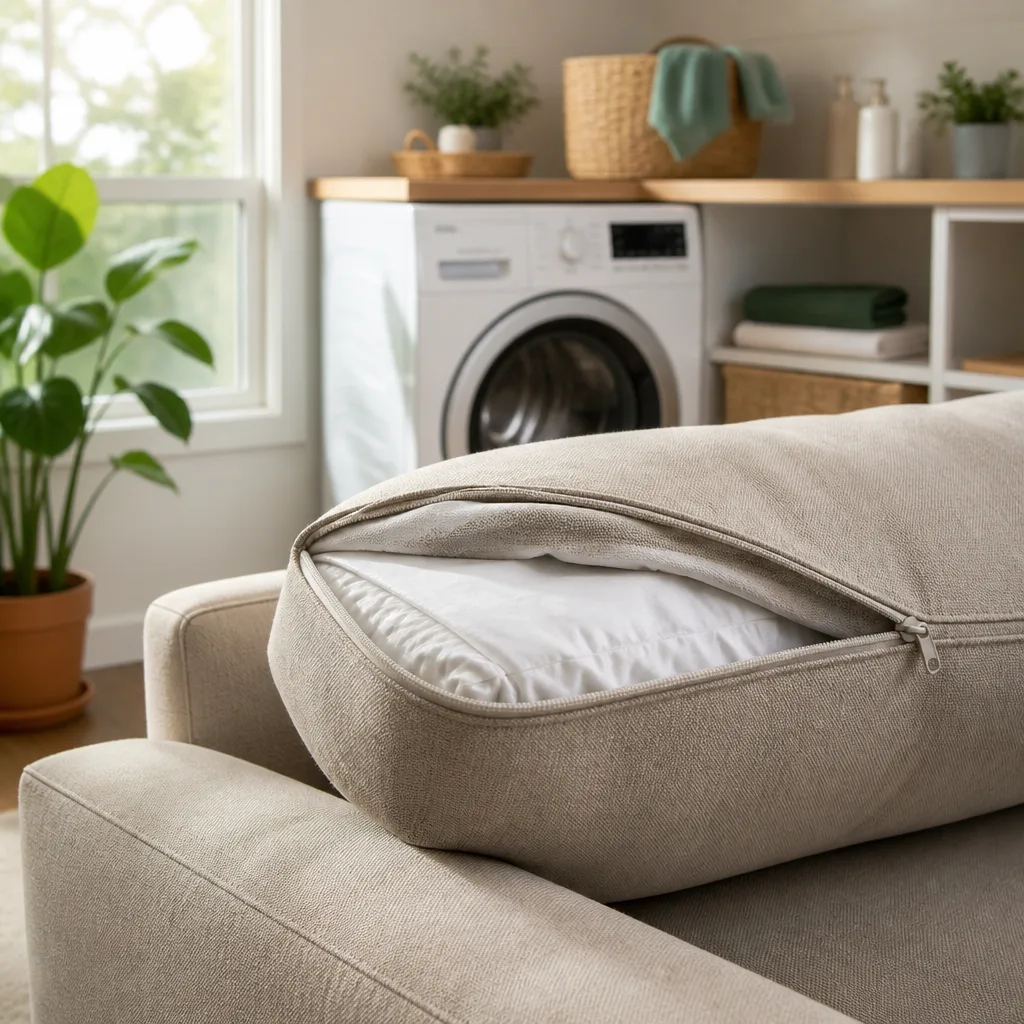 Sofa cushion cover being removed for washing, showing a zip along the seam, in a bright laundry room