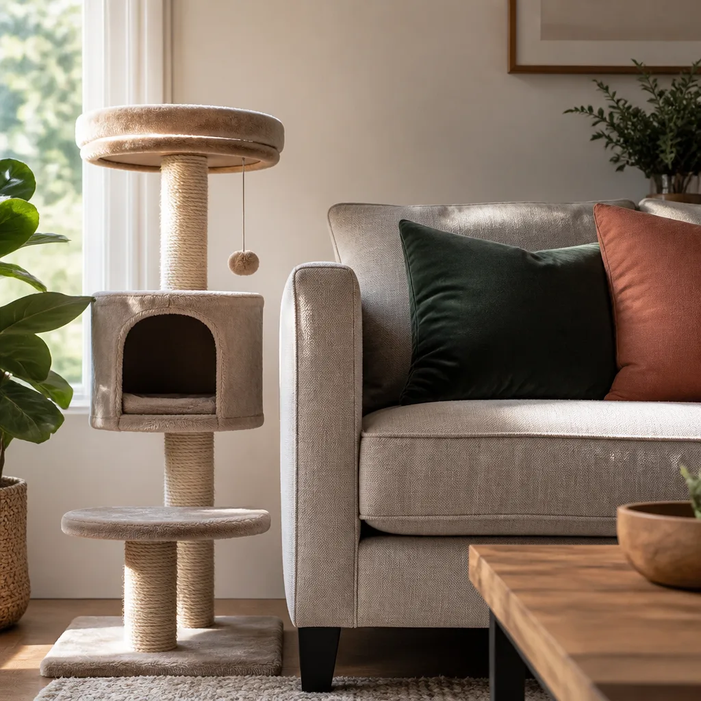 Cat scratching post placed beside a tightly woven fabric sofa in a bright living room corner