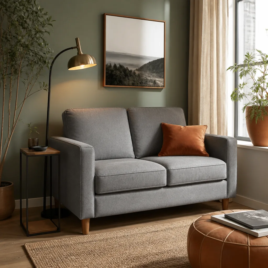 Compact grey loveseat sofa in a small apartment living room with a narrow side table and floor lamp