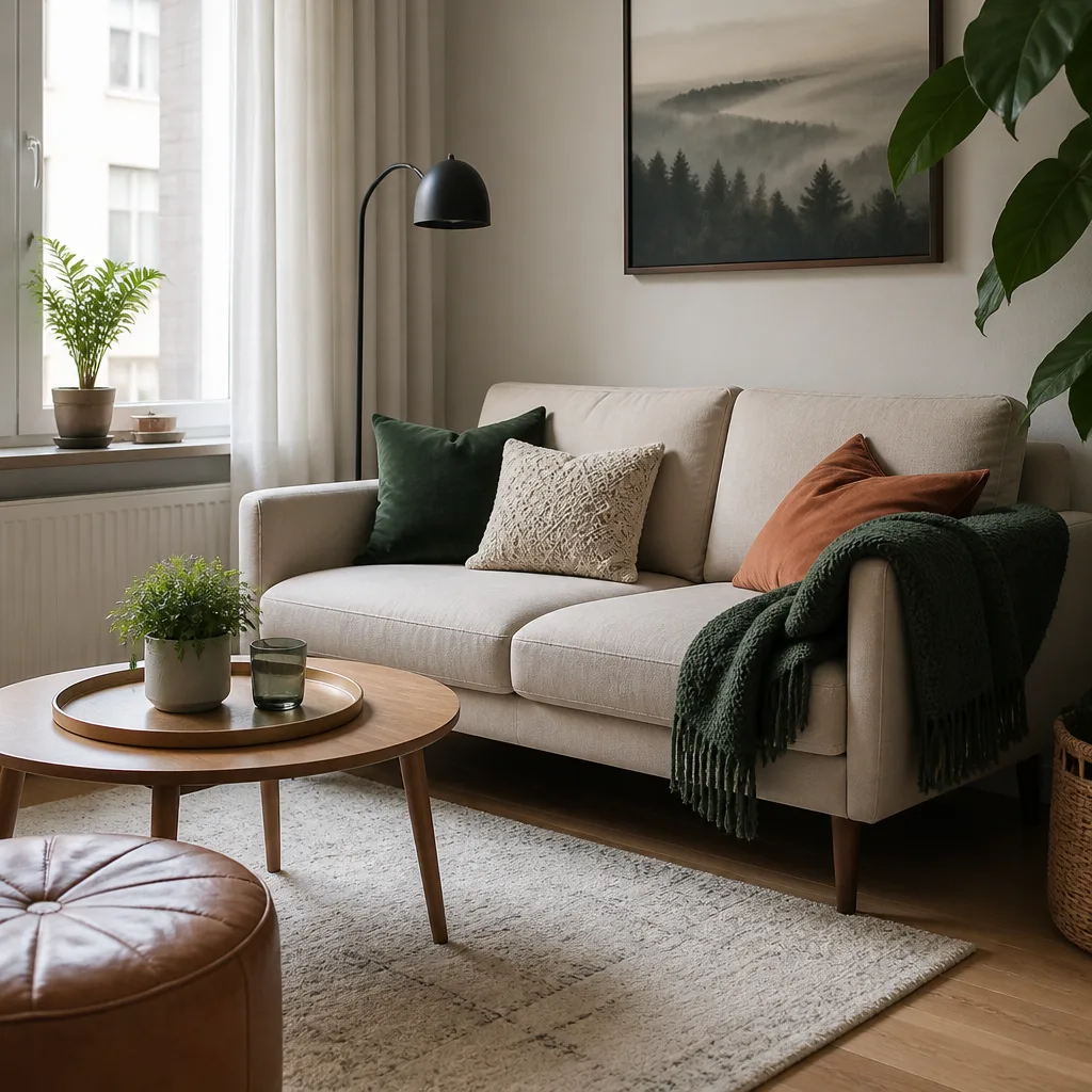 Small sofa with exposed slim wooden legs allowing light to pass underneath in a compact bright living room