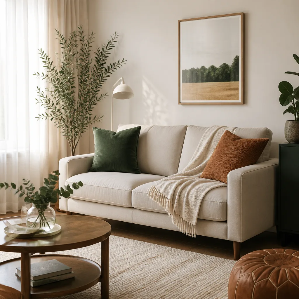 Pale sand-coloured sofa in a small living room with light walls and sheer curtains letting in soft daylight