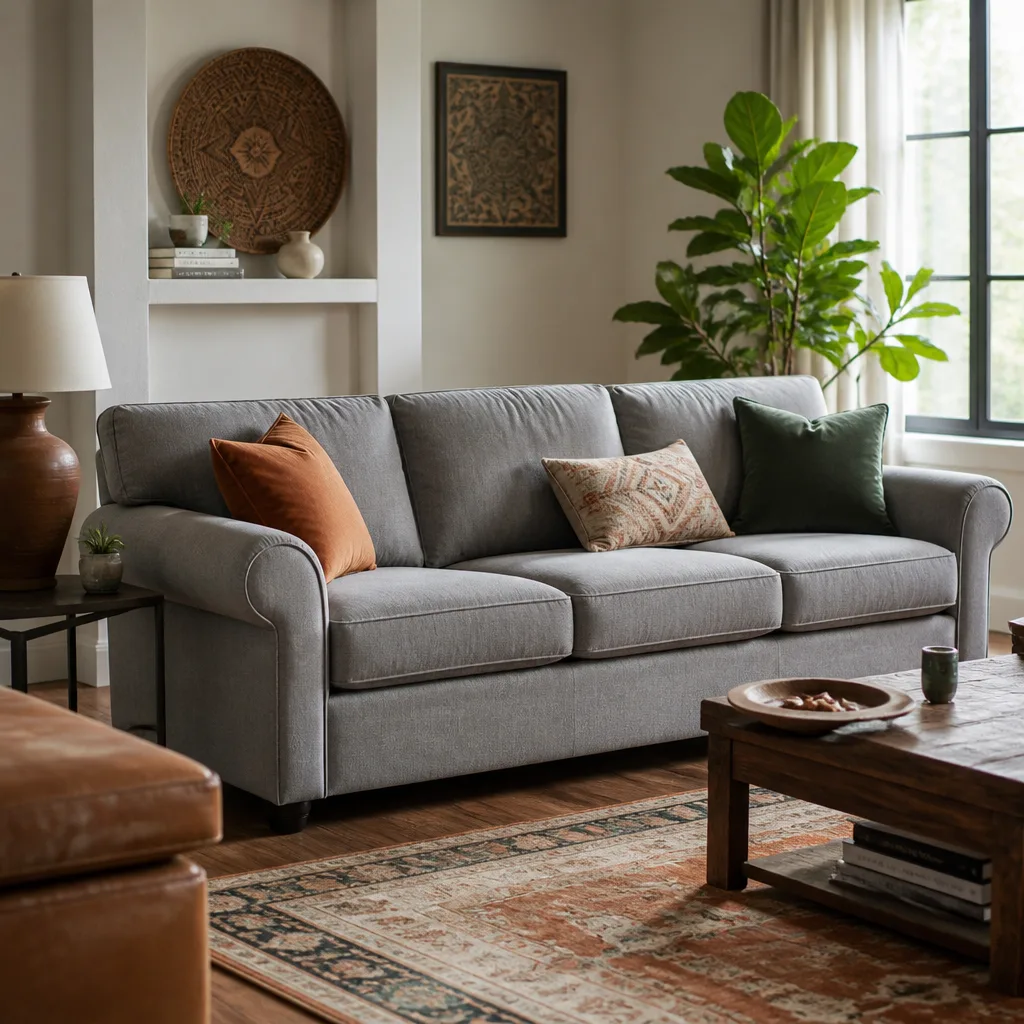 Klassisches Dreisitzer Sofa in sanftem grauem Stoff mit Rollarmen in einem hellen, aufgeräumten Wohnzimmer