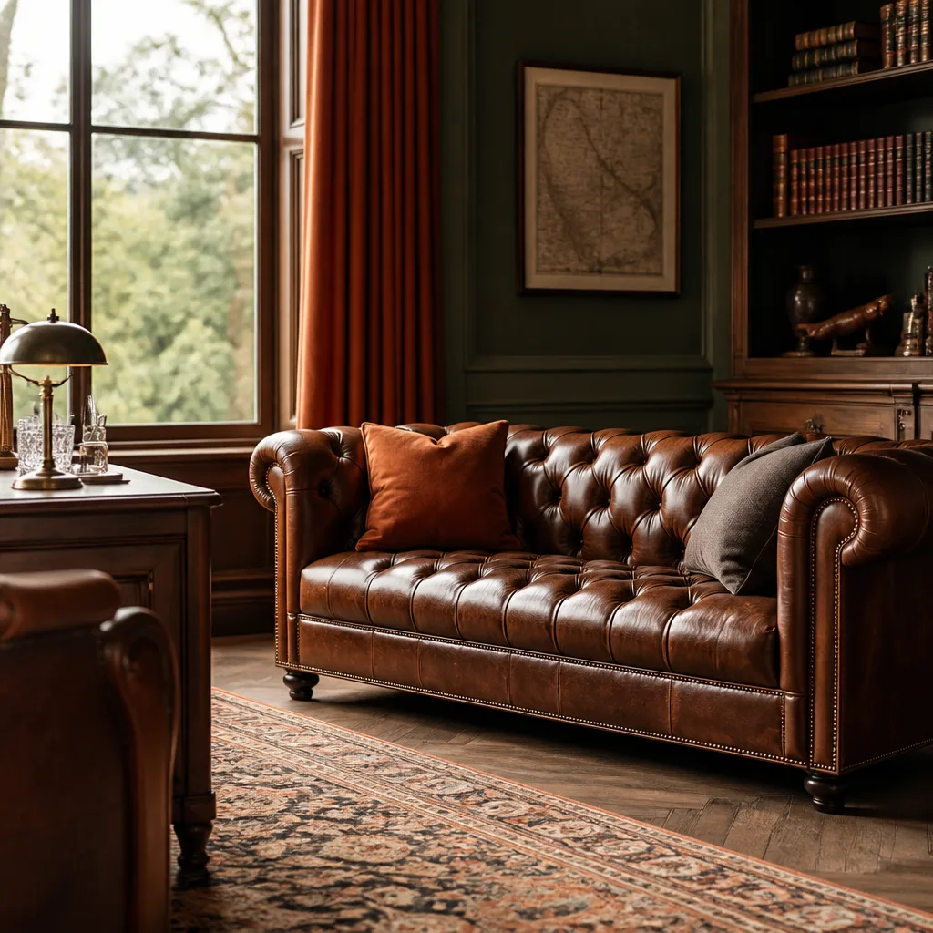 Tief geknöpftes Leder Chesterfield Sofa mit Rollarmen in einem warmen, traditionellen Arbeitszimmer