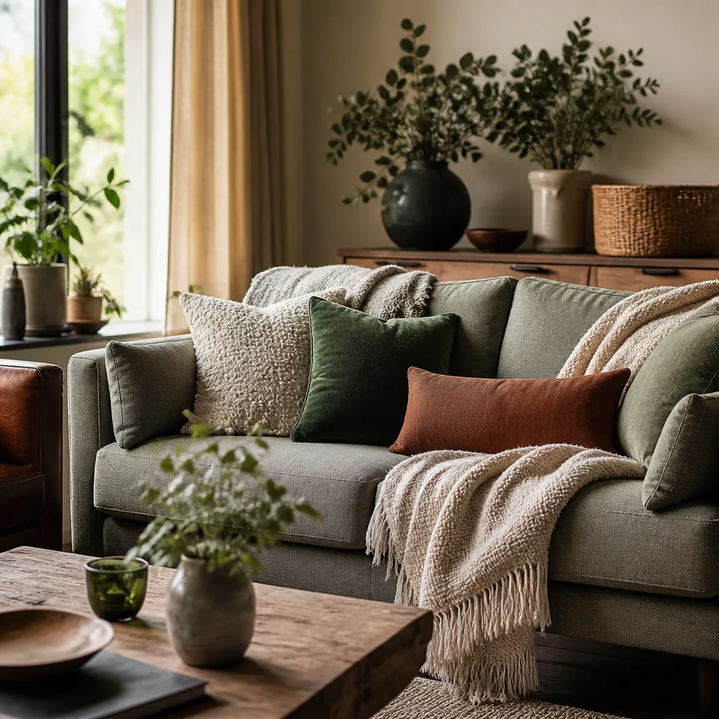 Gemütliches Wohnzimmer mit einer Stoffcouch, Kissen und einer Kuscheldecke, warmes Abendlicht