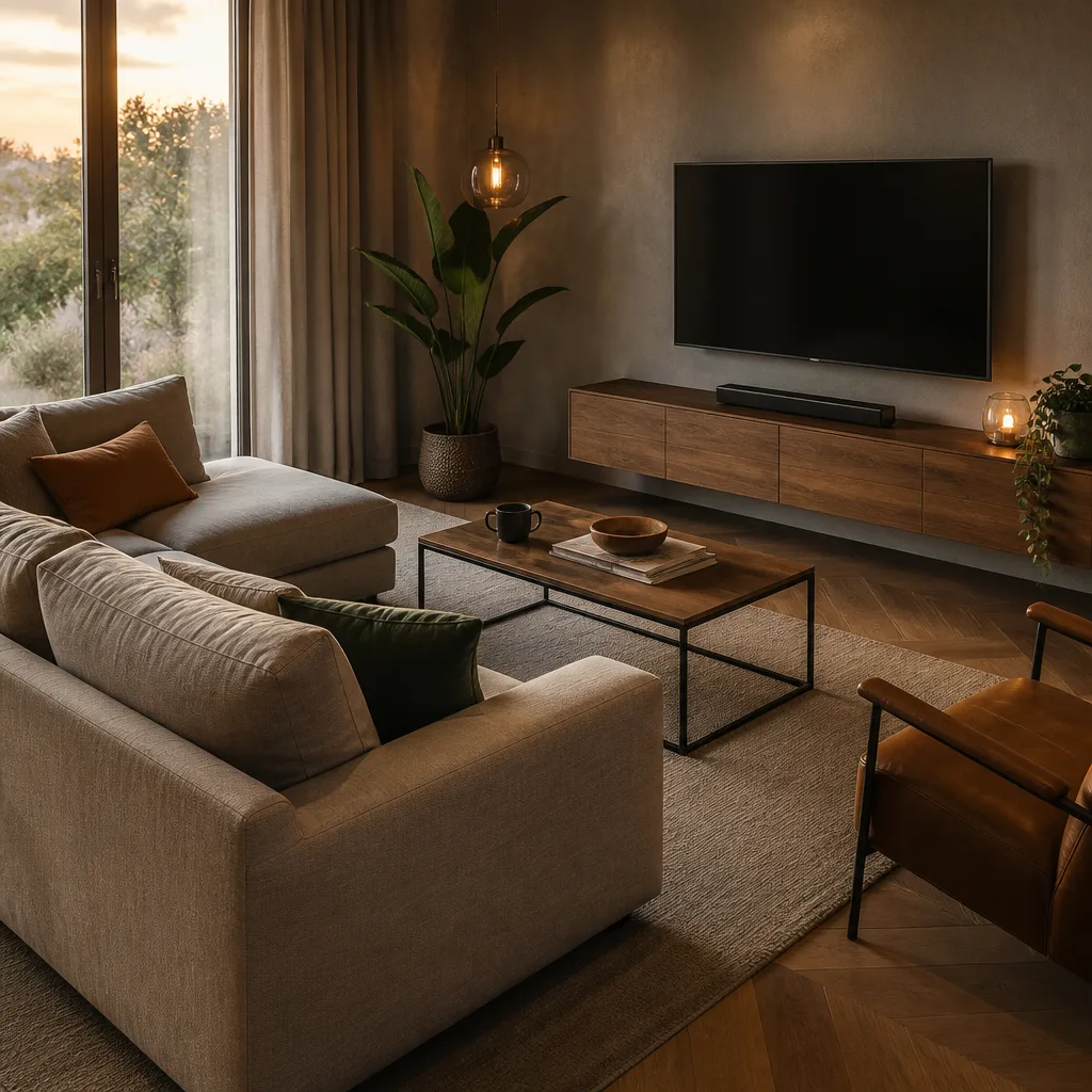 Wohnzimmer mit einem Sofa in angenehmem Sehabstand zu einem wandmontierten Fernseher, Abendlicht