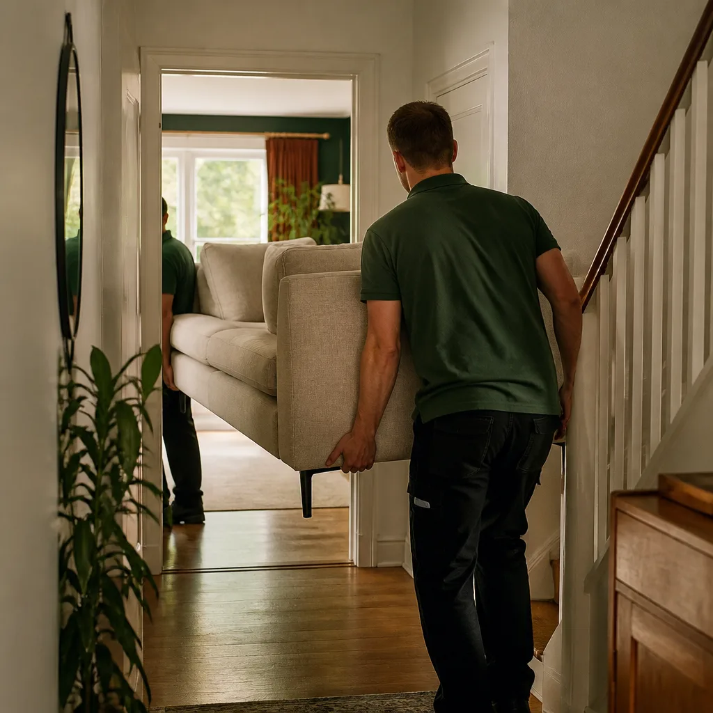 Lieferteam manövriert vorsichtig ein großes Sofa durch einen schmalen Wohnungsflur und eine Tür