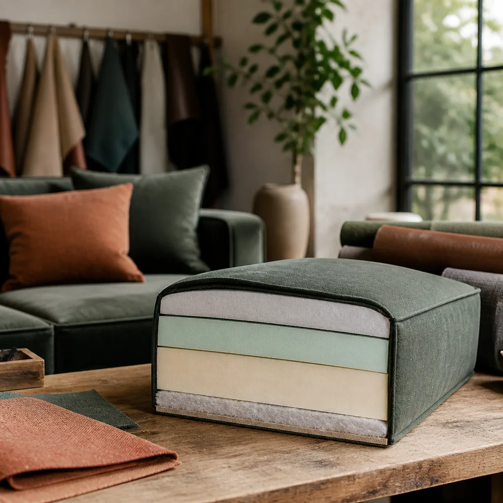 Fotoillustration im Querschnitt Stil eines Sofasitzkissens mit geschichteter Schaumstoffkonstruktion auf einer Werkbank
