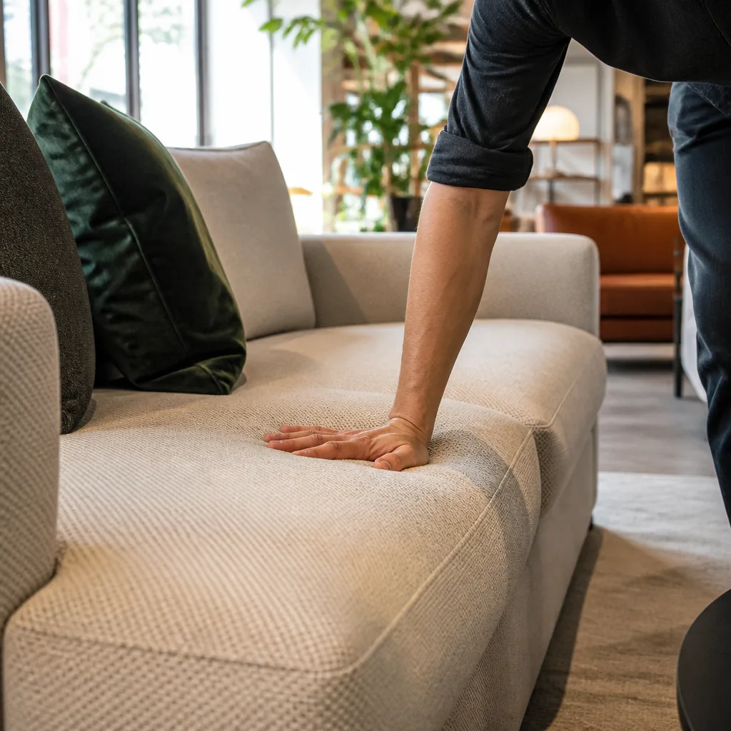 Person drückt eine Hand in ein festes Sofasitzkissen, um dessen Rückstellkraft in einer Showroom Umgebung zu testen