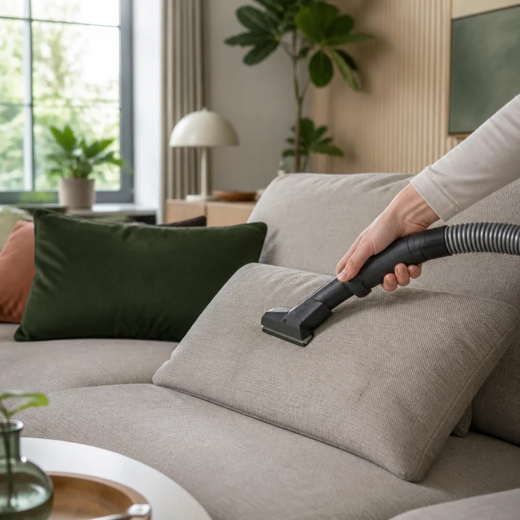 Hand saugt ein Stoffsofakissen mit einer Polsteraufsatzdüse in einem hellen Wohnzimmer