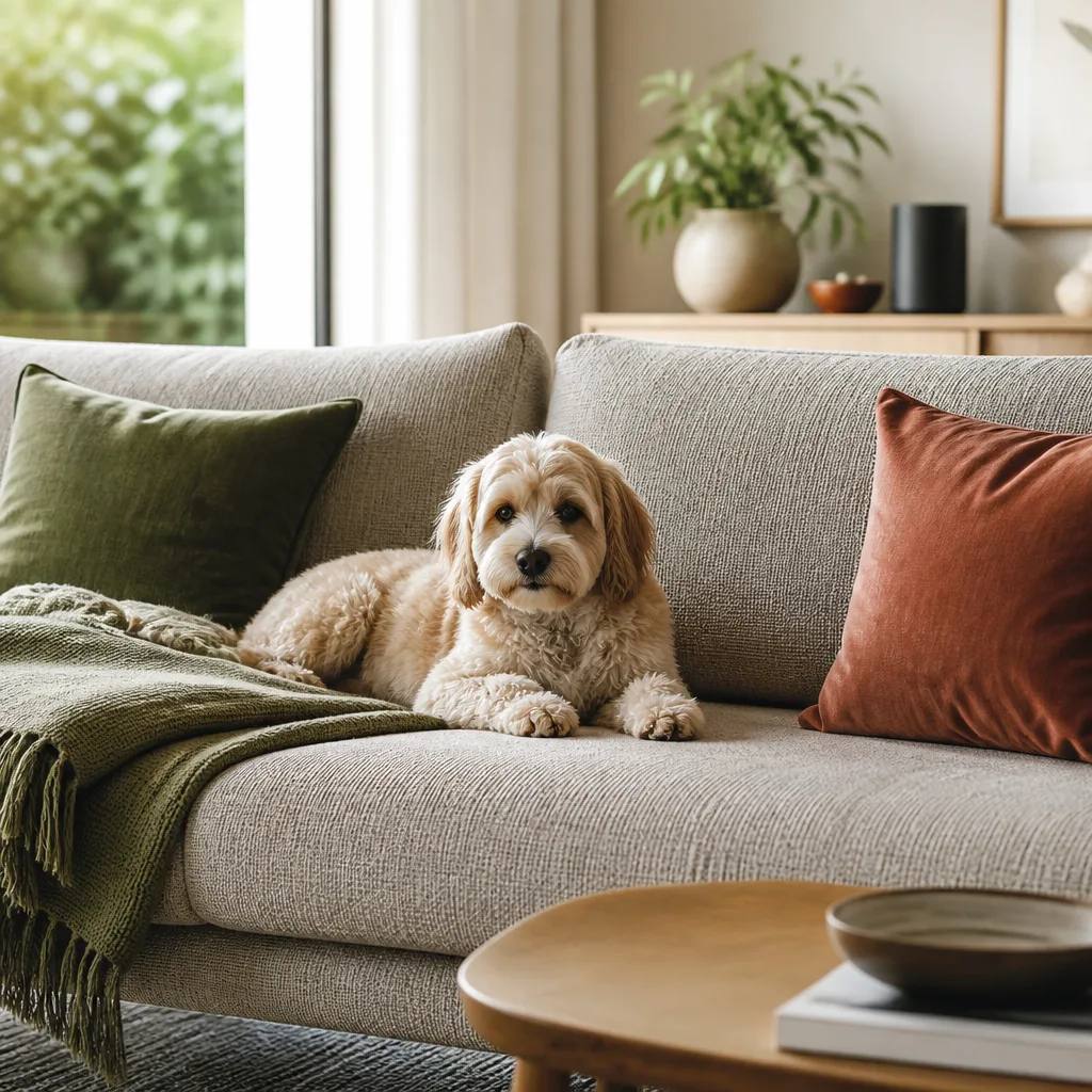 Kleiner Hund ruht auf einem strapazierfähigen, gewebten Stoffsofa mit gefalteter Decke in einem hellen Wohnzimmer