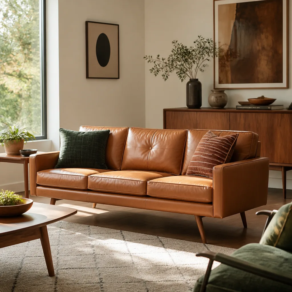 Mid-Century Dreisitzer Sofa in hellbraunem Leder mit konisch zulaufenden Holzbeinen in einem sonnendurchfluteten Wohnzimmer