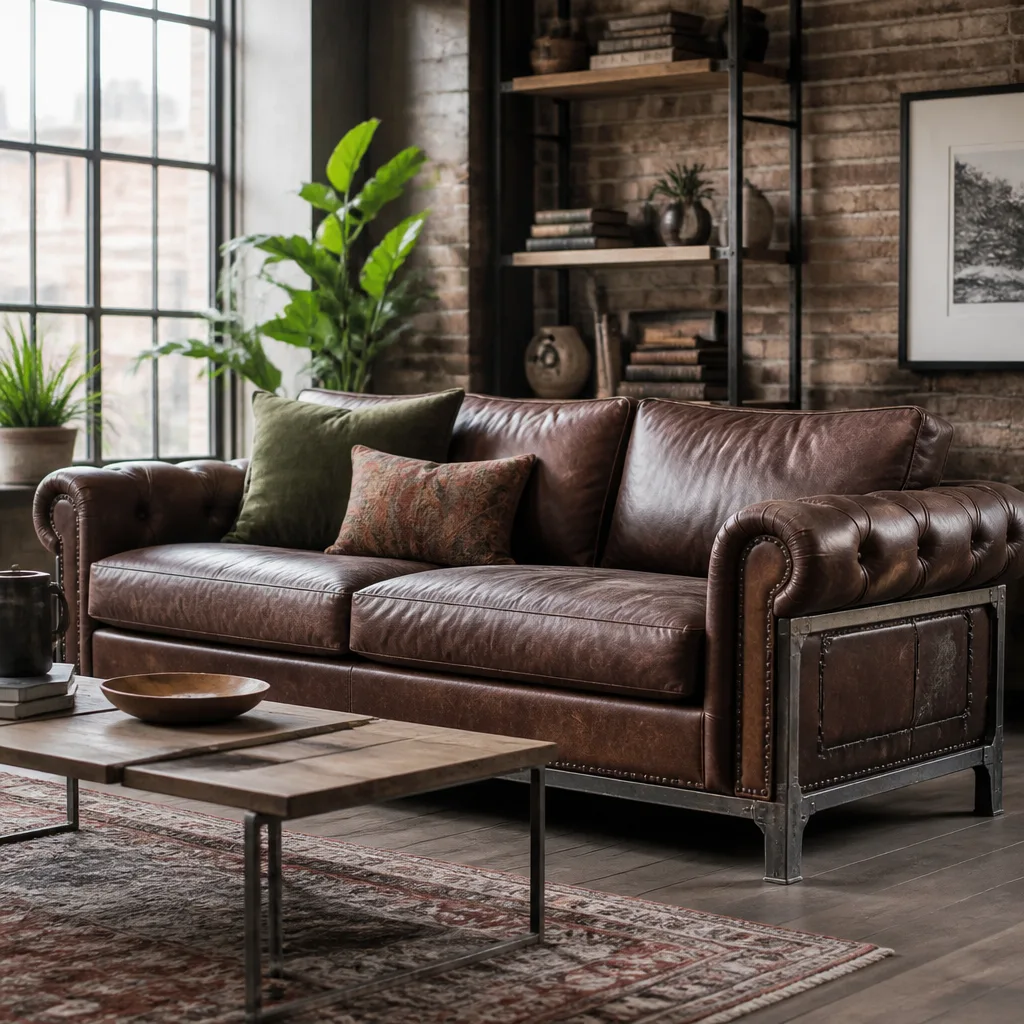 Braunes, an Chesterfield erinnerndes Ledersofa mit sichtbaren Metallrahmendetails in einer Loftwohnung mit Sichtziegelwand