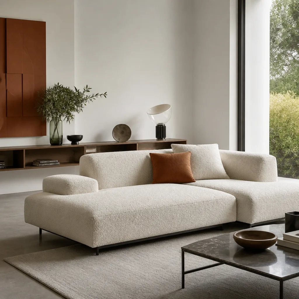 Niedriges, zeitgenössisches italienisches Sofa in cremefarbenem Bouclé Stoff mit schlanken Metallbeinen in einem minimalistischen weißen Wohnzimmer