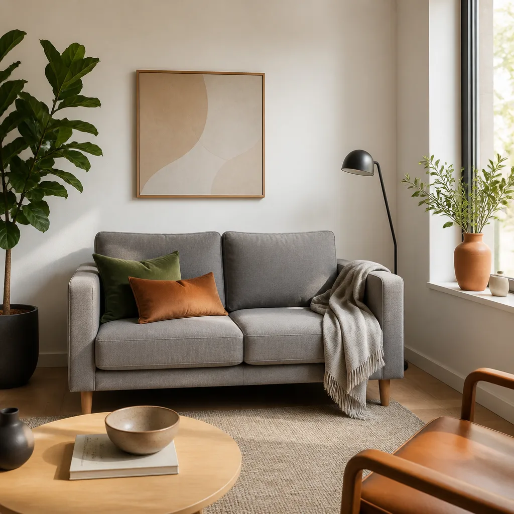 Kompaktes graues Stoffsofa als Zweisitzer vor einer weißen Wand in einem kleinen Wohnzimmer