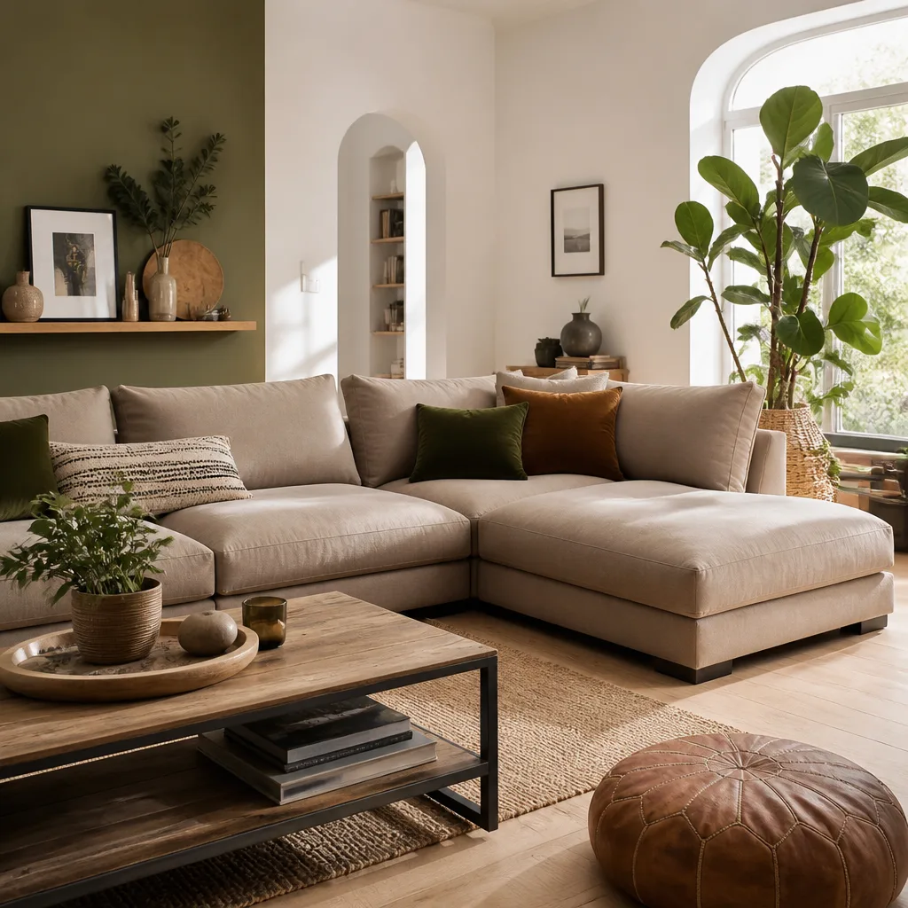L-förmiges Ecksofa in warmem Beige in einem hellen Wohnzimmer mit Holzboden und großer Pflanze