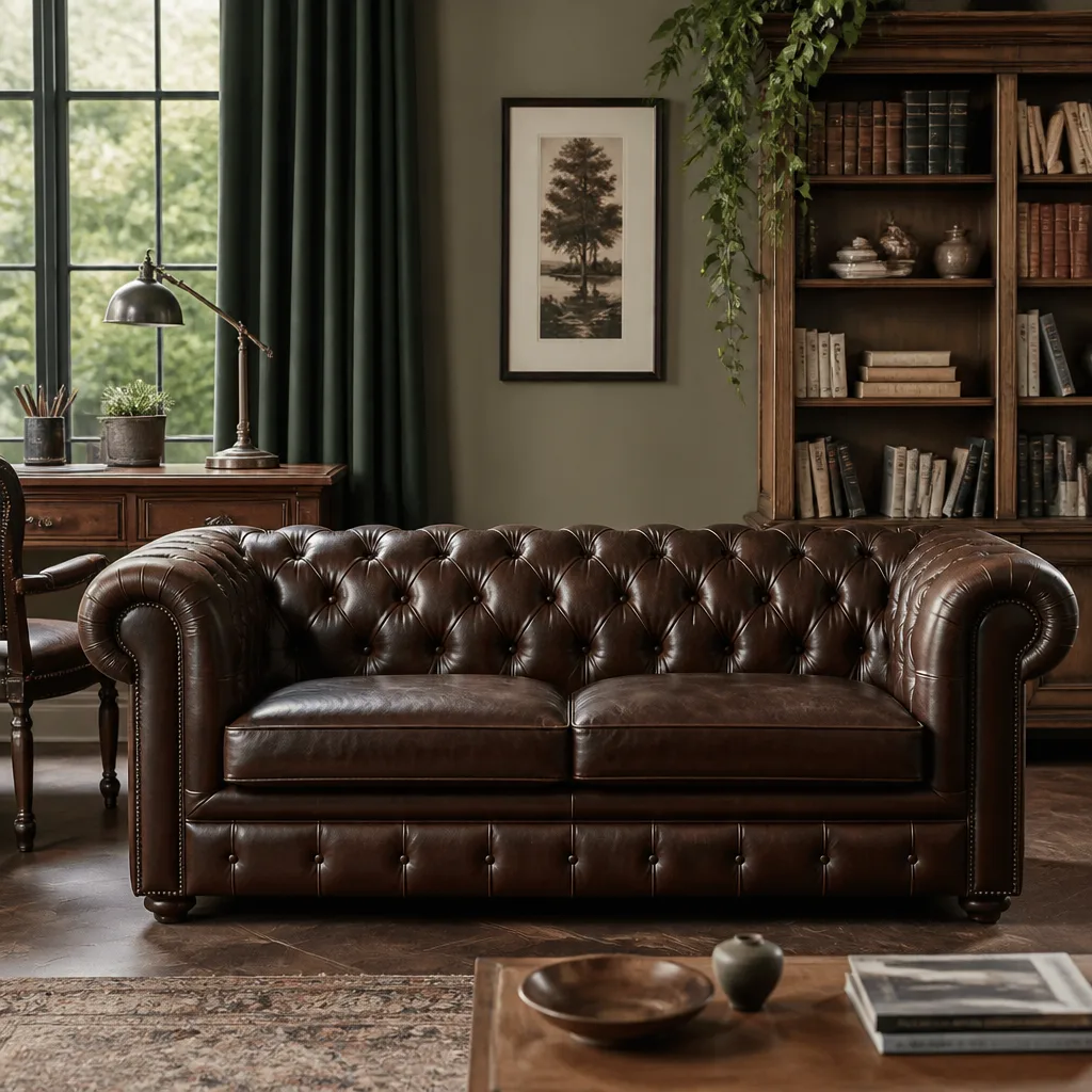 Tiefbraunes Leder-Chesterfield-Sofa mit gerollten Armlehnen und Knopfheftung in einem traditionellen Arbeitszimmer
