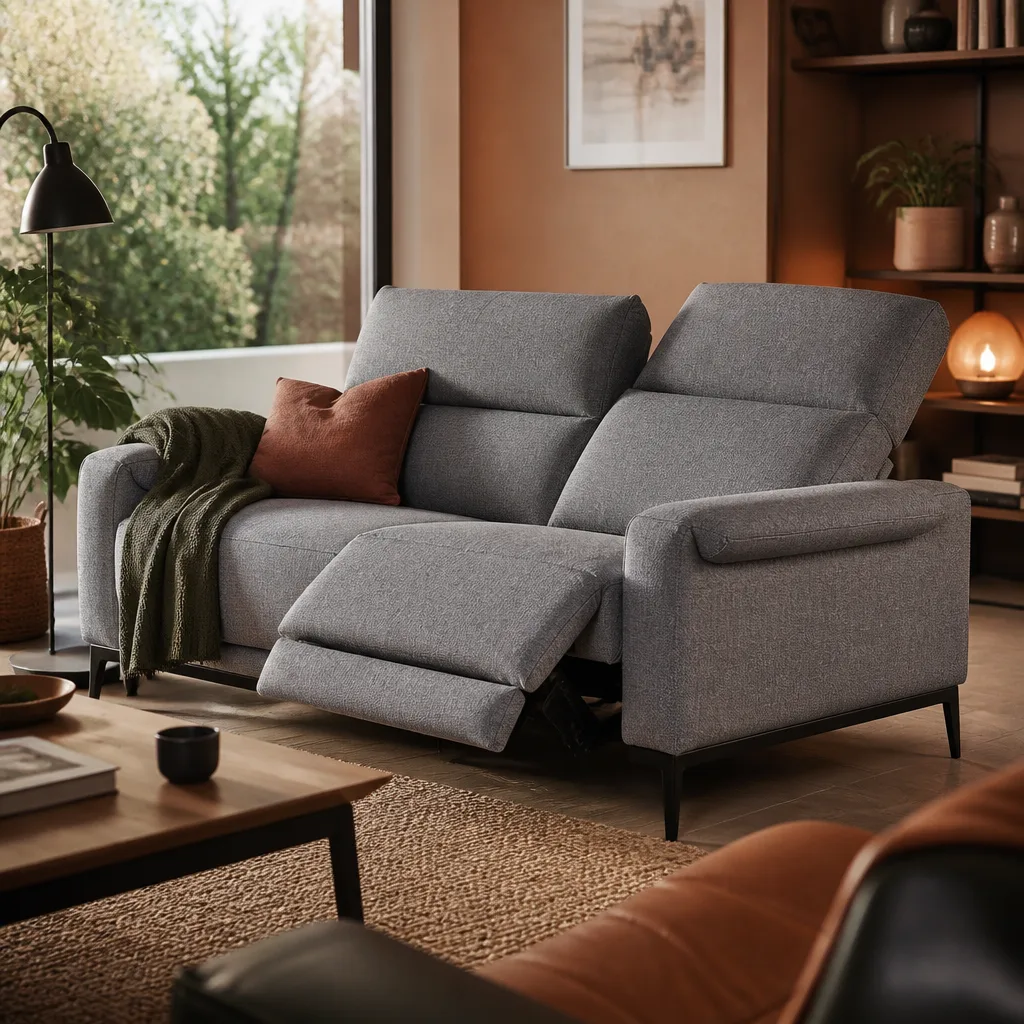 Graues Stoff-Relaxsofa mit einem zurückgelehnten Sitz und ausgefahrener Fußstütze in einem gemütlichen Wohnzimmer mit warmem Licht