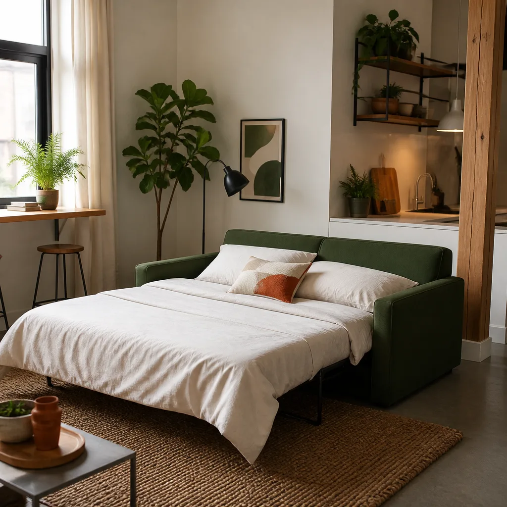 Stoff-Schlafsofa, teilweise zu einem Bett ausgeklappt, in einer kleinen Studiowohnung mit sanftem Tageslicht