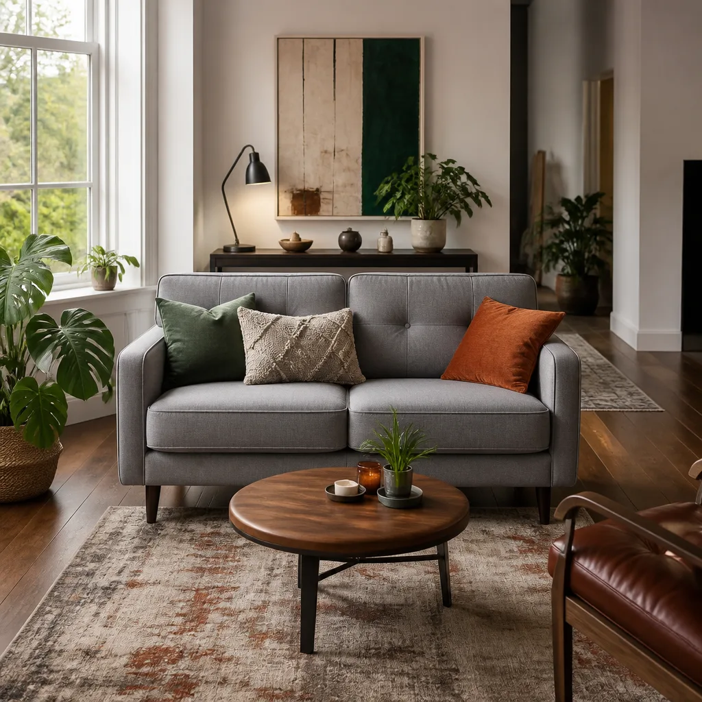 Kleines Wohnzimmer mit einem grauen Zweisitzer-Sofa, das frei von der Wand steht, dahinter ein niedriger Konsolentisch, Tageslicht von einem Seitenfenster