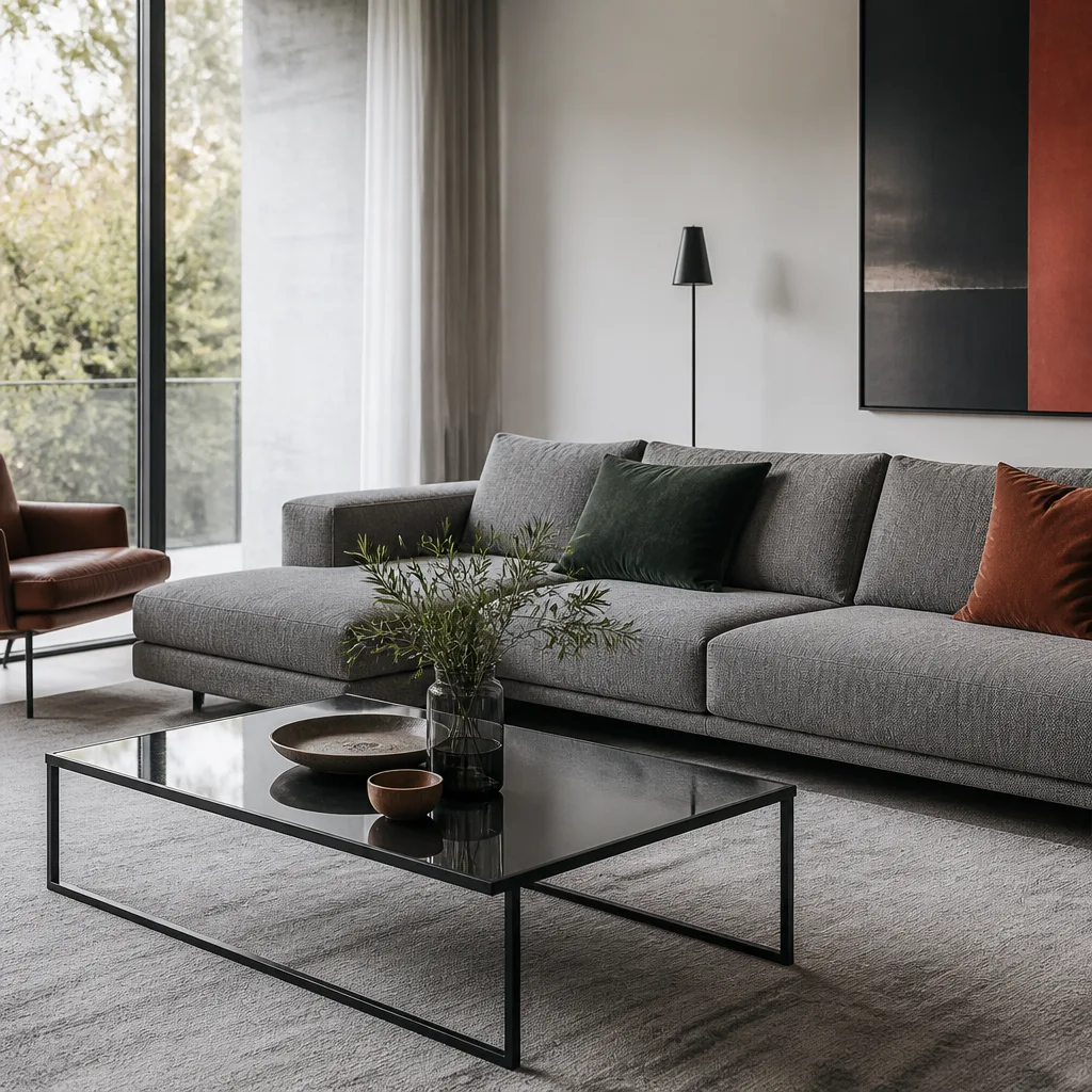 Modernes, niedriges graues Sofa mit niedrigem Couchtisch aus schwarzem Metall und Glas davor, minimalistisches Wohnzimmer, natürliches Licht