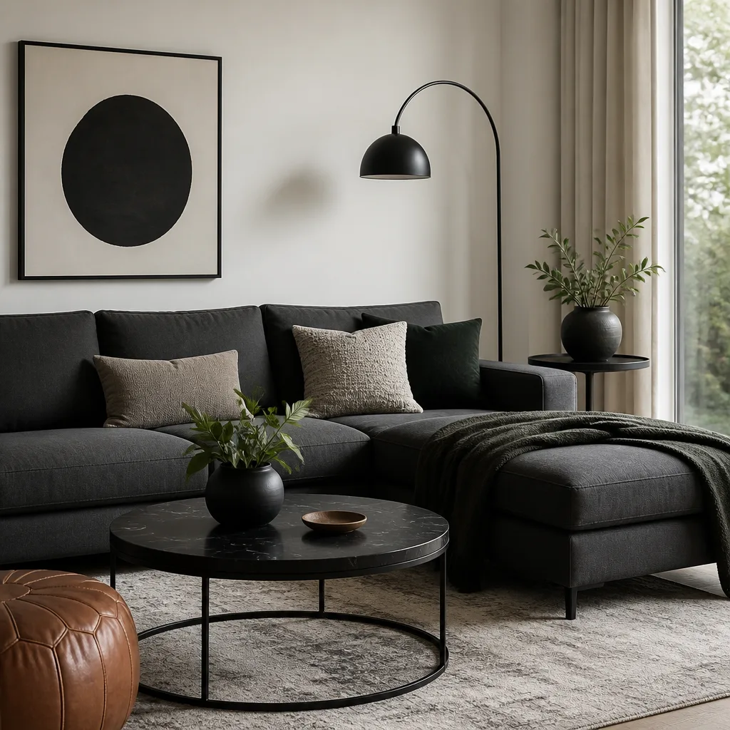 Modernes Wohnzimmer in Schwarz-Weiß-Grau-Palette mit anthrazitfarbenem Sofa, weißen Wänden, schwarzer Metallstehlampe, Tageslicht